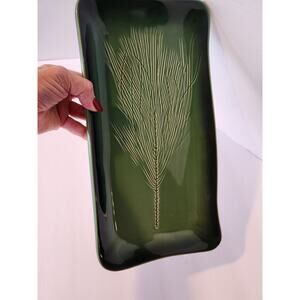 Kay Wayne Signed Studio Art Pottery Green Glazed Pine Serving Platter 13x7